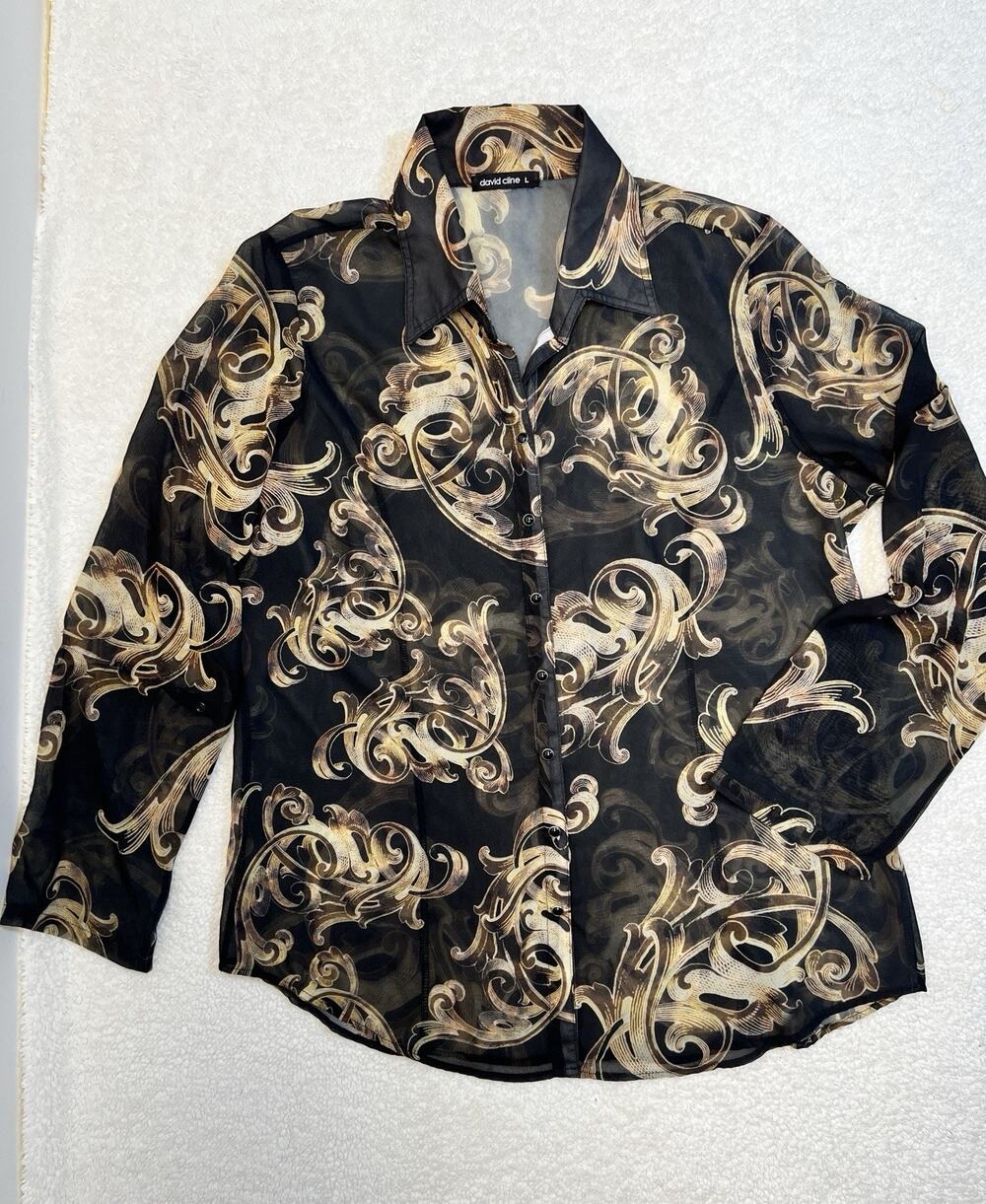 David Cline Sheer Scroll Print Button Front Blouse Women’s Black Gold, Sz L
